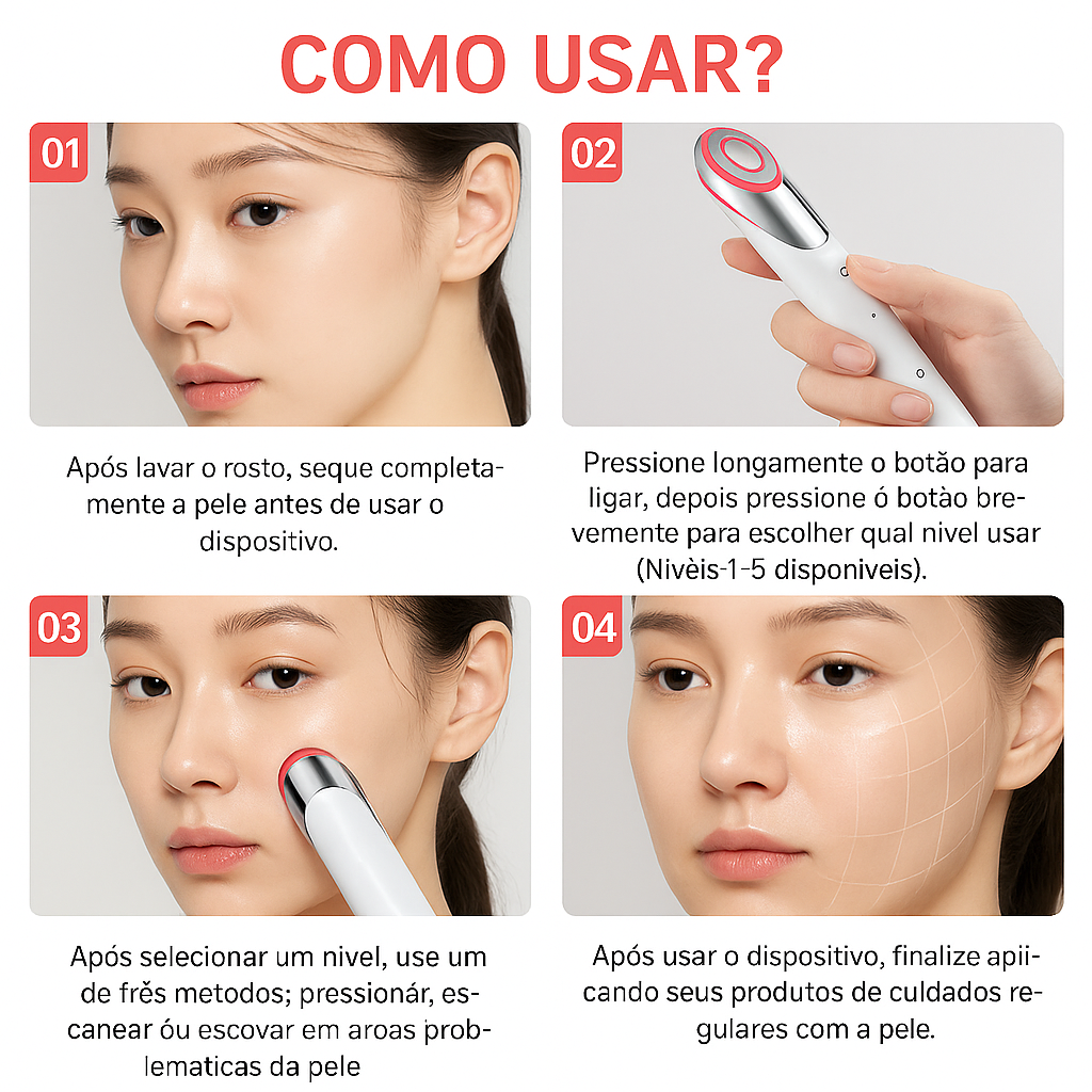 Glow Skin 4 en 1 – Dispositivo Facial con Microcorriente, Luz LED, Vibración y Calor para Firmeza y Mejor Absorción de Skincare